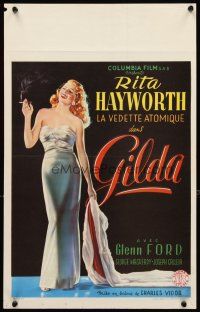 5k426 GILDA Belgian '46 art of sexy smoking Rita Hayworth full-length in sheath dress w/fur coat!