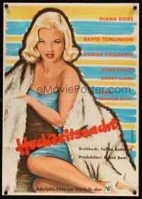 5k047 IS YOUR HONEYMOON REALLY NECESSARY German '58 cool Scharl artwork of sexy Diana Dors in fur!