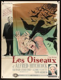5m083 BIRDS French 1p '63 Alfred Hitchcock, Grinsson art of Tippi Hedren attacked by birds!