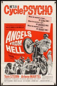 5p042 ANGELS FROM HELL 1sh '68 AIP, image of motorcycle-psycho biker, he's a cycle psycho!