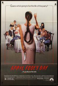 5p049 APRIL FOOLS DAY 1sh '86 wacky horror, great image of girl with knife & noose hair!