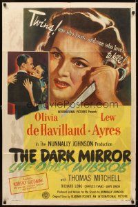 5p187 DARK MIRROR 1sh '46 Lew Ayres loves one twin Olivia de Havilland and hates the other!