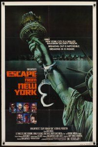 5p273 ESCAPE FROM NEW YORK advance 1sh '81 John Carpenter, art of handcuffed Lady Liberty by Watts!