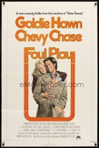 5p342 FOUL PLAY 1sh '78 wacky Lettick art of Goldie Hawn & Chevy Chase, screwball comedy!