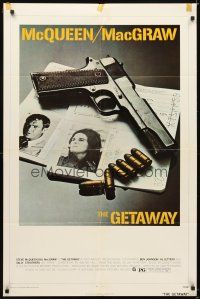 5p385 GETAWAY 1sh '72 Steve McQueen, Ali McGraw, Sam Peckinpah, cool gun & passports image!