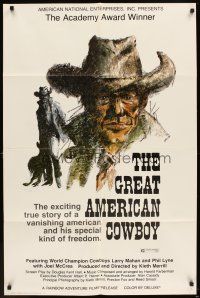 5p420 GREAT AMERICAN COWBOY 1sh '74 Larry Mahan, cool Ralph Butler cowboy art!
