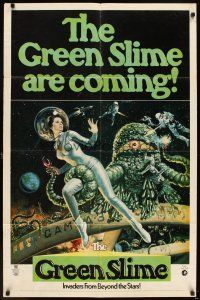 5p425 GREEN SLIME 1sh '69 classic cheesy sci-fi movie, great art of sexy astronaut & monster!