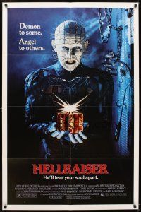 5p443 HELLRAISER 1sh '87 Clive Barker horror, great image of Pinhead, he'll tear your soul apart!