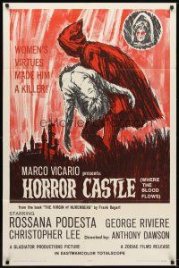 5p455 HORROR CASTLE 1sh '64 Where the Blood Flows, cool art of cloaked figure carrying girl!