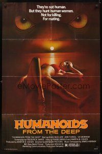 5p460 HUMANOIDS FROM THE DEEP 1sh '80 classic sexy art of eyes looming over sexy girl on beach!