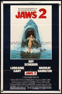 5p481 JAWS 2 1sh '78 art of giant shark attacking girl on water skis by Lou Feck!