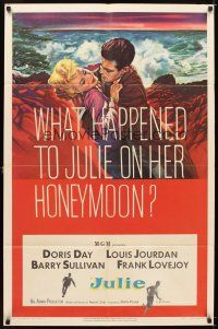 5p483 JULIE 1sh '56 what happened to Doris Day on her honeymoon with Louis Jourdan?