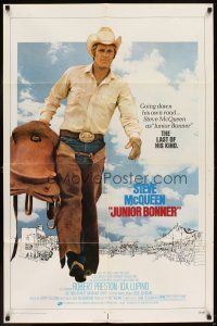 5p487 JUNIOR BONNER 1sh '72 full-length rodeo cowboy Steve McQueen carrying saddle!