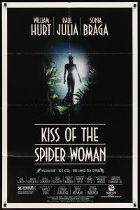 5p497 KISS OF THE SPIDER WOMAN 1sh '85 cool artwork of sexy Sonia Braga in spiderweb dress!