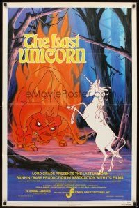 5p513 LAST UNICORN 1sh '82 cool fantasy artwork of unicorn & giant flaming bull!