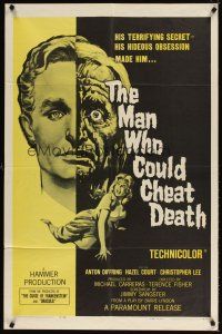5p545 MAN WHO COULD CHEAT DEATH 1sh '59 Hammer horror, cool half-alive & half-dead headshot art!