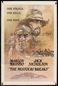 5p576 MISSOURI BREAKS 1sh '76 art of Marlon Brando & Jack Nicholson by Bob Peak!