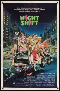 5p618 NIGHT SHIFT 1sh '82 Michael Keaton, Henry Winkler, sexy girls in hearse art by Mike Hobson!