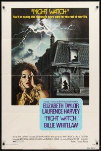 5p621 NIGHT WATCH 1sh '73 Laurence Harvey, Billie Whitelaw, art of scared Elizabeth Taylor!