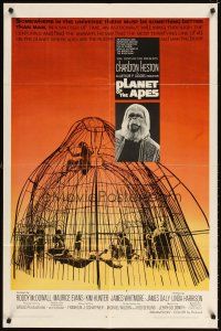 5p669 PLANET OF THE APES 1sh '68 Charlton Heston, classic sci-fi, cool art of caged humans!