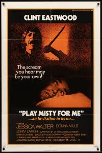 5p674 PLAY MISTY FOR ME 1sh '71 classic Clint Eastwood, Jessica Walter, invitation to terror!