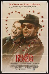 5p692 PRIZZI'S HONOR 1sh '85 cool art of smoking Jack Nicholson & Kathleen Turner w/bullet holes!