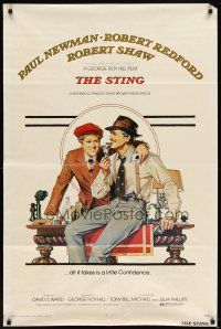 5p840 STING 1sh '74 best artwork of con men Paul Newman & Robert Redford by Richard Amsel!