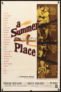 5p851 SUMMER PLACE 1sh '59 Sandra Dee & Troy Donahue in young lovers classic, cool cast montage!