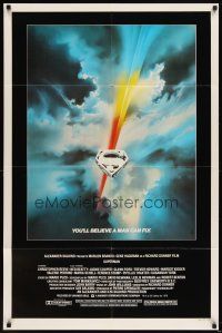 5p857 SUPERMAN 1sh '78 comic book hero Christopher Reeve, cool Bob Peak logo art!