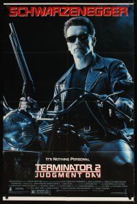 5p884 TERMINATOR 2 1sh '91 Arnold Schwarzenegger on motorcycle w/shotgun, it's nothing personal!