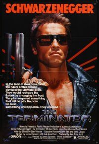 5p883 TERMINATOR 1sh '84 super close up of most classic cyborg Arnold Schwarzenegger with gun!