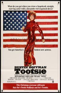 5p912 TOOTSIE advance 1sh '82 full-length Dustin Hoffman in drag by American flag!