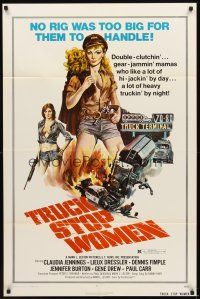 5p922 TRUCK STOP WOMEN 1sh '74 no rig was too big for sexy Claudia Jennings, Smith art!