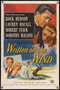 5p985 WRITTEN ON THE WIND 1sh '56 Brown art of sexy Lauren Bacall with Rock Hudson & Robert Stack!