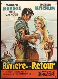 5r007 RIVER OF NO RETURN French 1p R1960s Belinsky art of Mitchum holding sexy Marilyn Monroe!