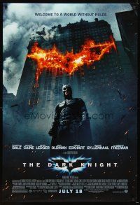 5w230 DARK KNIGHT advance DS 1sh '08 Christian Bale as Batman in front of flaming building!