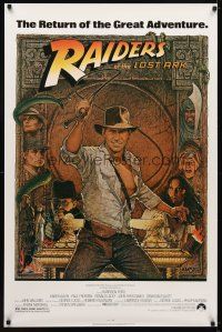5w621 RAIDERS OF THE LOST ARK 1sh R82 great art of adventurer Harrison Ford by Richard Amsel!