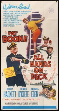 5s574 ALL HANDS ON DECK 3sh '61 Navy Captain Pat Boone, sexy Barbara Eden on ladder!