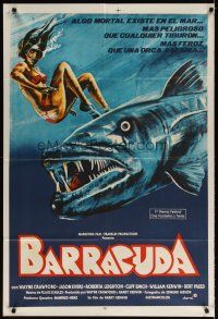5s182 BARRACUDA Argentinean '78 great artwork of huge killer fish attacking sexy diver in bikini!