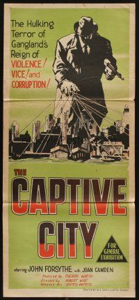 5t623 CAPTIVE CITY Aust daybill '52 cool art of John Forsythe looming over city, film noir!