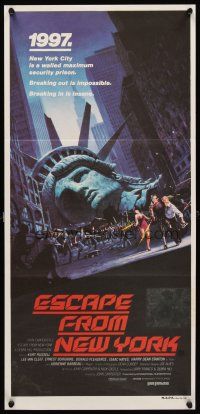 5t676 ESCAPE FROM NEW YORK Aust daybill '81 Carpenter, art of decapitated Lady Liberty by Barry E. Jackson