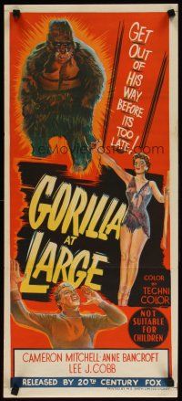 5t729 GORILLA AT LARGE Aust daybill '54 stone litho art of giant ape & sexy Anne Bancroft!