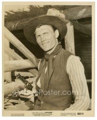 5x742 SHANE 8x10 still R59 close smiling portrait of cowboy Jack Palance as Wilson holding gun!