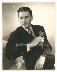 6b031 ERROL FLYNN deluxe 11x14 still '30s young seated portrait in suit & tie smoking cigarette!