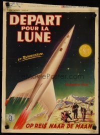 5z074 DESTINATION MOON Belgian '50 Robert A. Heinlein, cool art of rocket flying through space!