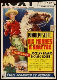 5z250 TEN WANTED MEN Belgian '54 cool artwork of cowboy Randolph Scott on horseback!