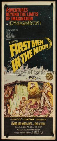 5z521 FIRST MEN IN THE MOON insert '64 Ray Harryhausen, H.G. Wells, fantastic sci-fi artwork!
