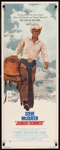 5z568 JUNIOR BONNER insert '72 full-length rodeo cowboy Steve McQueen carrying saddle!