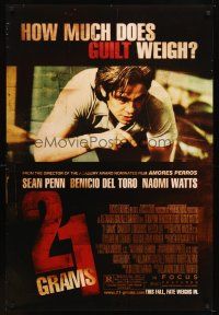6g012 21 GRAMS advance DS 1sh '03 Sean Penn, cool title design, image of Benecio Del Toro!