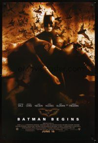 6g086 BATMAN BEGINS June 15 advance DS 1sh '05 Bale as Caped Crusader carrying Holmes!